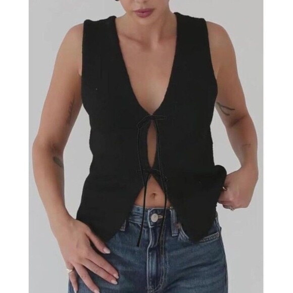 Womens Sleeveless Double Tie Front Sz Large Black Minimalist Capsule Wardrobe - Picture 1 of 6